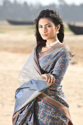 'Nazaakat' Grey Pure Resham Cotton Alfi Jaal Tilfi Border Pure Banarasi Handloom Saree